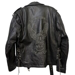 Xelement Vintage Black Leather Motorcycle Jacket XL Live to Ride USA Eagle Biker